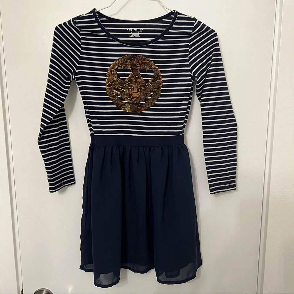 Girls Flip Sequin Dress Smiley Face Blue White Stripe The Childrens Place 7/8 M
